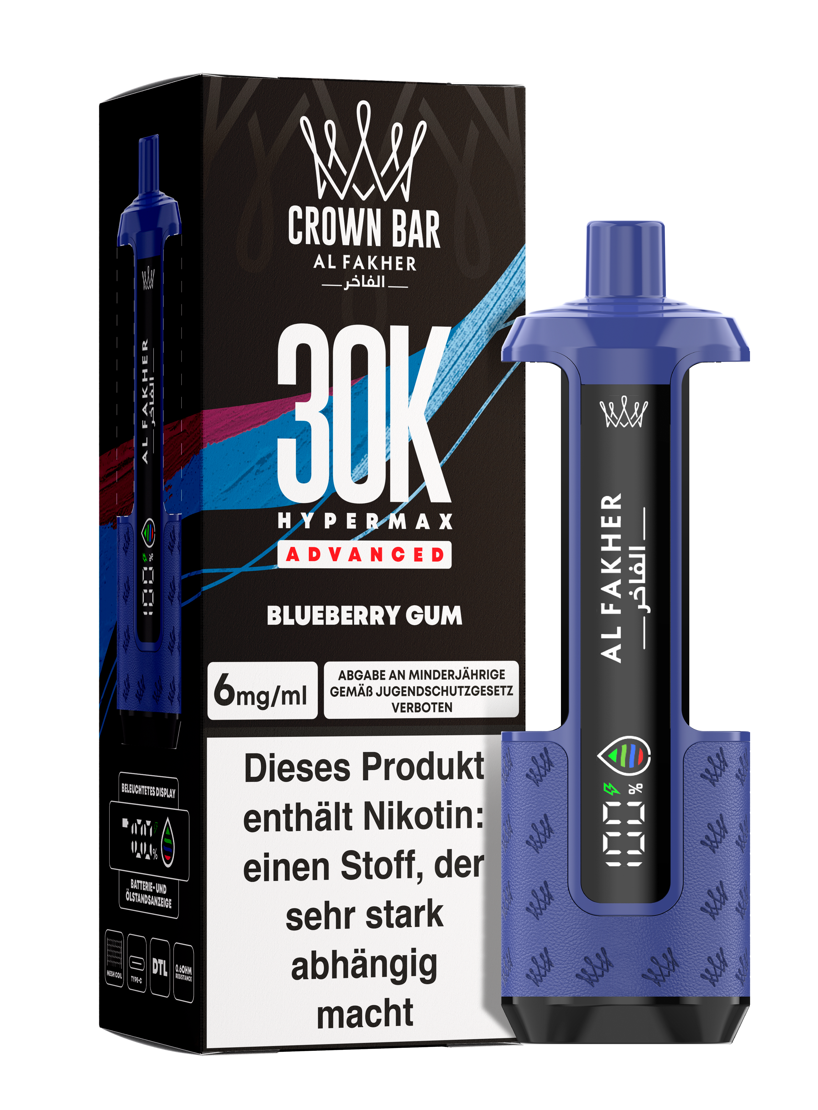 Al Fakher - Hypermax 30k 2ml Gerät + 2x10ml Pod - Blueberry Gum