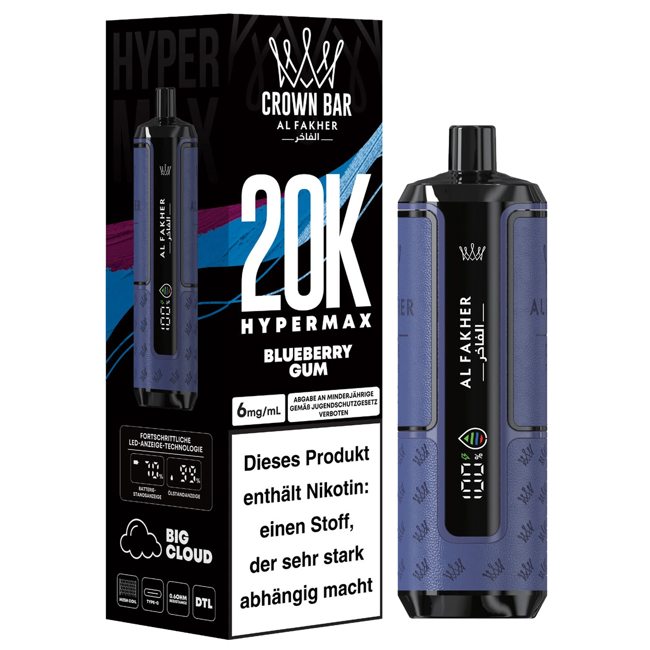 Al Fakher - Hypermax 20k 2ml Gerät + 2x10ml Pod - Blueberry Gum