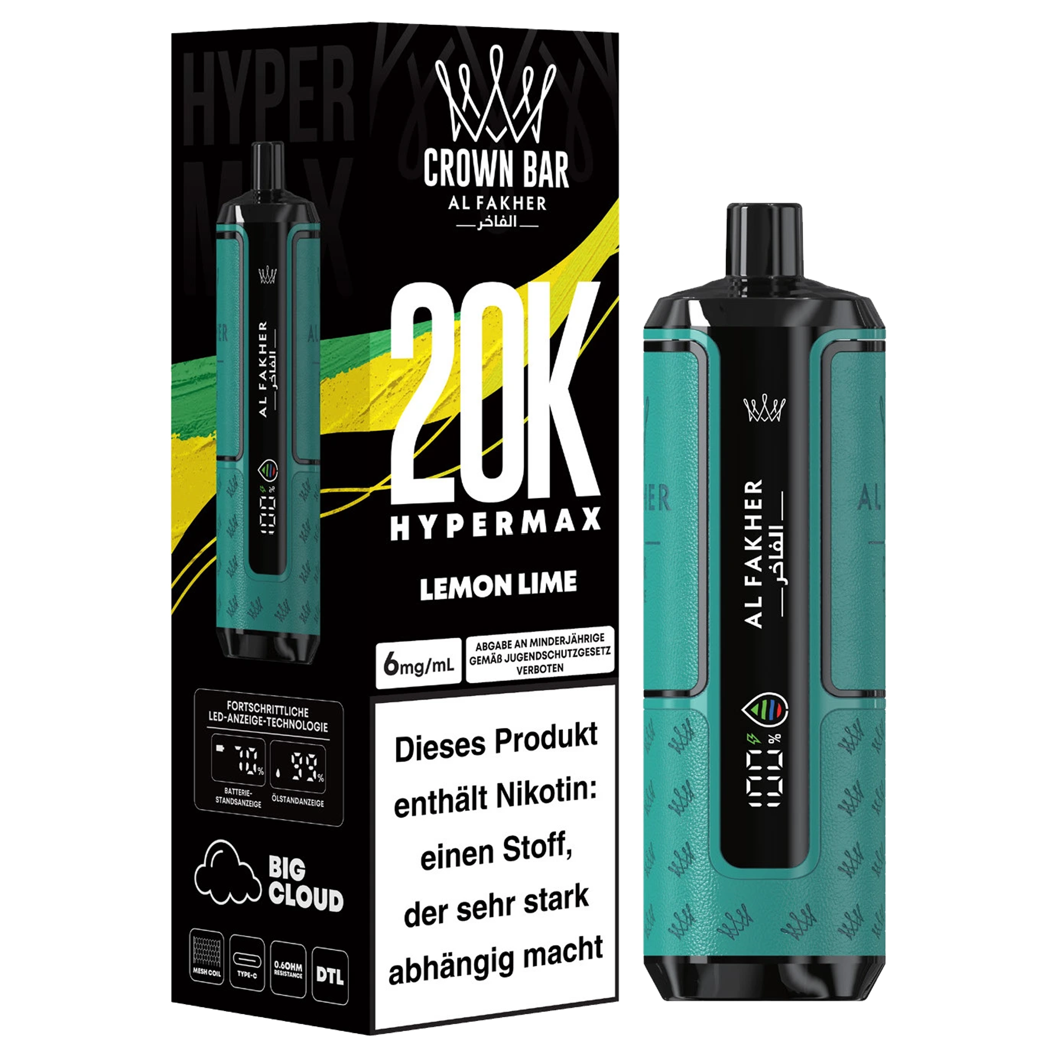 Al Fakher - Hypermax 20k 2ml Gerät + 2x10ml Pod - Lemon Lime
